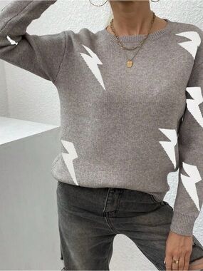 SHEIN Taupe Crewneck Sweater with White Lightning Motif